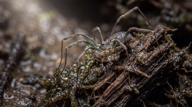 Macro shot of harvestman emerging from decaying wood in a dark habitat