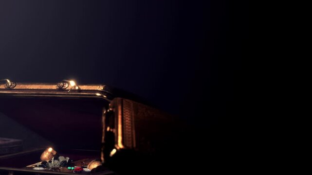 A treasure chest is opened, revealing various jewels and items inside. The setting is dark, creating a mysterious atmosphere. Light reflects off the shiny surfaces in the chest.