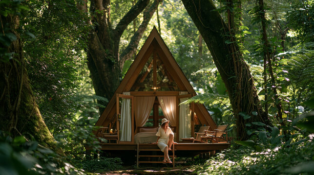 Tranquil Forest Retreat: A charming triangular cabin nestles amidst a lush, verdant forest, offering a serene escape surrounded by the beauty of nature. A lone figure relaxes on the porch.