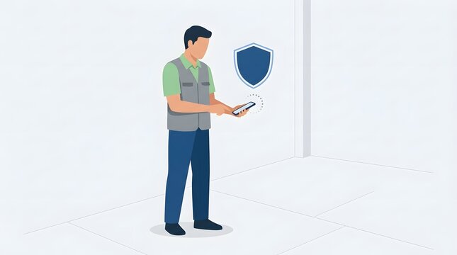 Data Protection Specialist: A diligent data protection specialist uses a tablet to manage security protocols, symbolized by a prominent shield icon, ensuring the integrity of digital information.