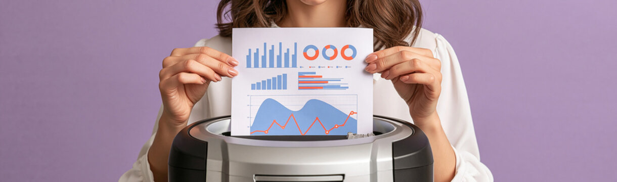 Destroying Data: A person is shredding documents with charts and graphs, symbolizing the destruction or disposal of sensitive information.