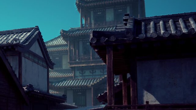 The scene shows old buildings with wooden roofs in a town during dawn. The sky has a soft light, and the structures display architectural features of historical design.