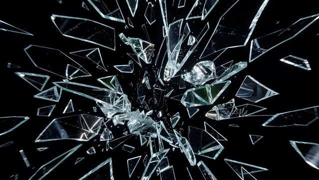 Shattered glass fragments explode outward against a dark background