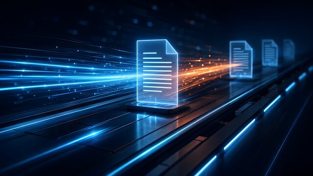 Glowing blue digital document icons moving at high speed along a futuristic fiber optic data track illustrating fast information transfer