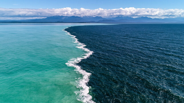 Ocean Convergence: Two distinct bodies of water, one a vibrant turquoise and the other a deep sapphire, meet in a dramatic display of nature's forces.