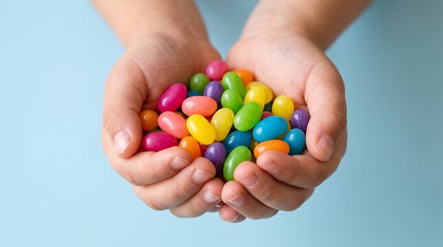 Close-up of a child's hands cupped together, holding a vibrant assortment of colorful jelly beans against a light blue background.