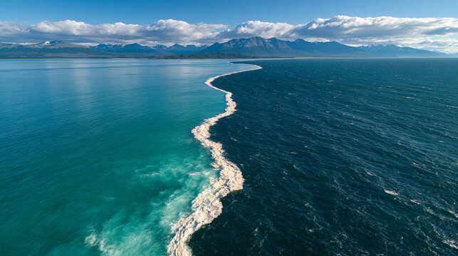 Two Oceans Meet: A breathtaking aerial view captures the dramatic confluence of two distinct ocean currents.