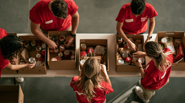 Community Caring: A group of volunteers, united in their red shirts, meticulously sort donations into cardboard boxes, embodying the spirit of communal support and generosity.