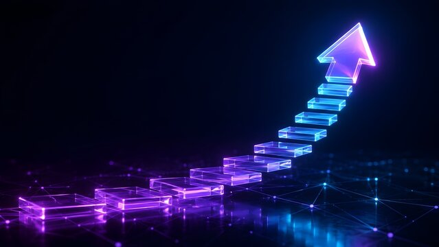 Transparent glass steps curving upwards with a glowing neon arrow representing career progression and business growth strategy.