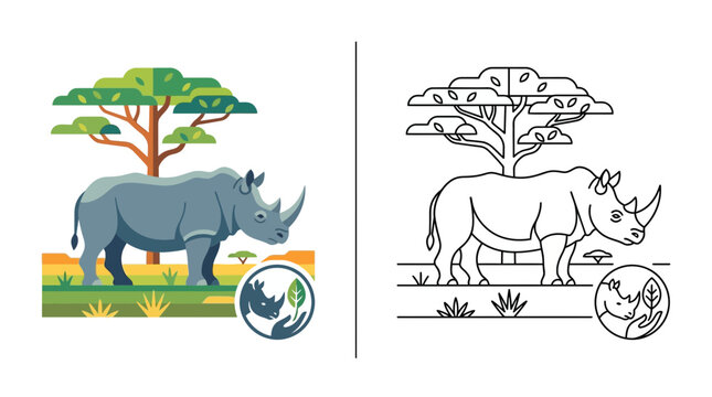 Rhino and Acacia Tree, Nature Conservation Icon, Flat Vector Illustration