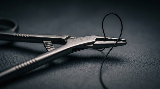 Surgical needle holder with black suture thread on dark background.