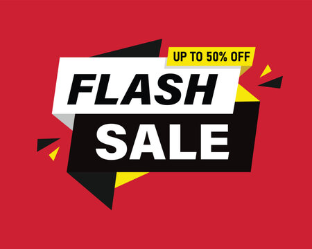 Flash sale up to fifty percent off promotional banner and discount badge with promotion tag