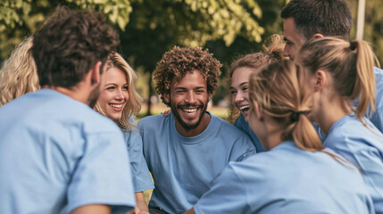 Fototapeta premium Diverse Group Huddle: A jubilant, diverse group of young adults in matching t-shirts forms a huddle, sharing laughter and camaraderie in an outdoor setting.