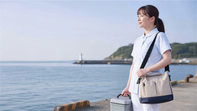 港で離島訪問を待つ訪問看護師