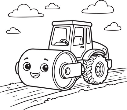 Cartoon road roller with happy face driving on dirt path under fluffy clouds