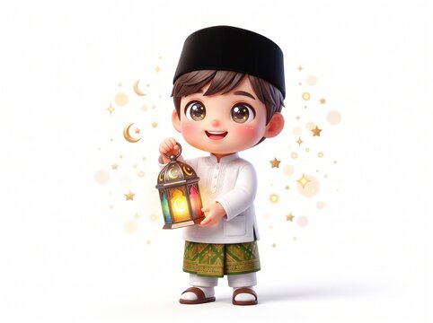 Cute 3D Cartoon Muslim Boy Character Holding Ramadan Lantern Celebrating Eid Mubarak on White Background