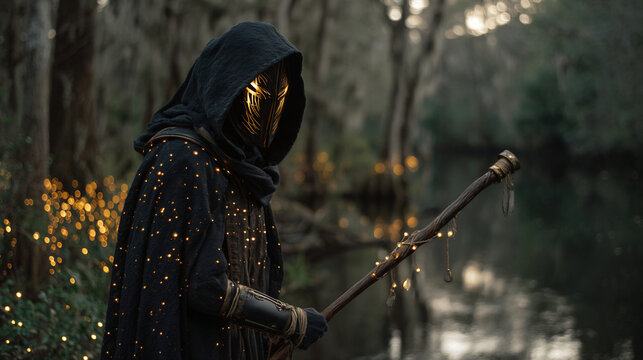 Mysterious hooded figure with glowing golden mask holding a staff decorated with warm fairy lights