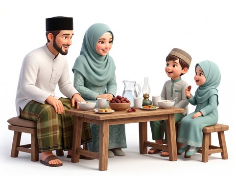Happy Muslim Family Sharing a Traditional Iftar Meal Together at Home for Ramadan Celebration