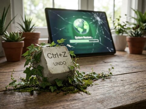 Ctrl Z undo keyboard key covered in vines with broken earth tablet screen