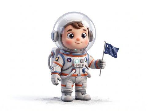 Cute cartoon astronaut character in a futuristic space suit, proudly holding a star-patterned flag, symbolizing cosmic dreams and exploration