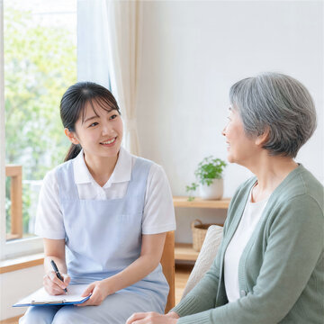 訪問看護師が窓辺で希望する過ごし方を聞く