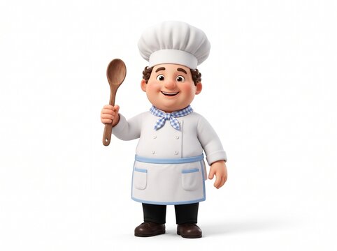 Chubby cartoon chef in white uniform holding a wooden spoon isolated on white background