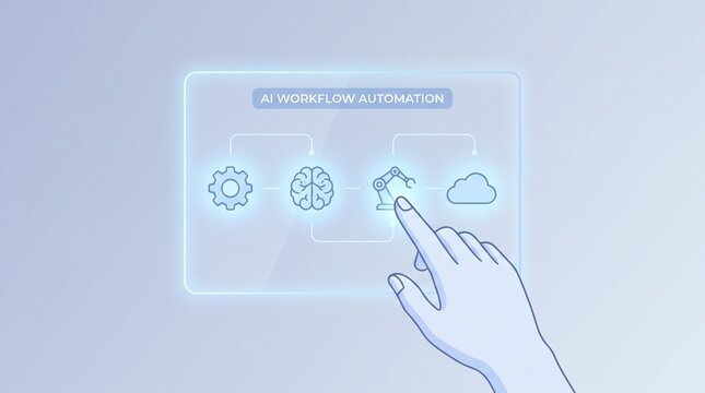 AI Workflow Automation A Hand Interacting with a Futuristic Digital Interface Representing Cognitive Processes and Cloud Integration