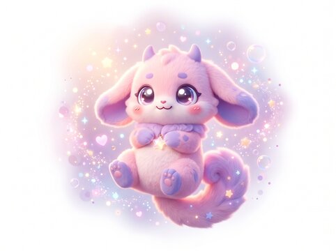 Whimsical Pastel Creature Floating Amidst Magical Sparkles and Soft Glow Fantasy Illustration
