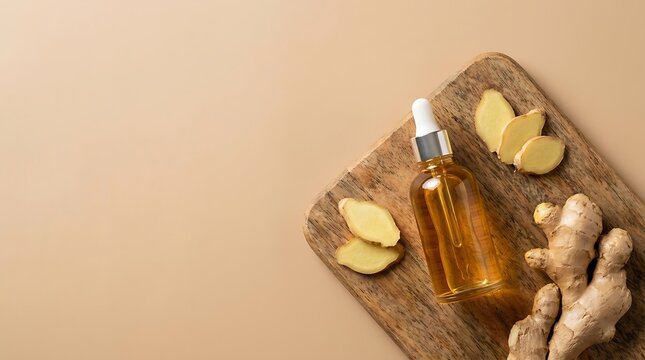 Ginger skincare essential oil with natural ingredients for wellness and cosmetic beauty product routine flat lay