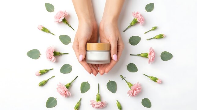 Hands holding a cosmetic skincare jar with essential oil and natural ingredients for holistic wellness