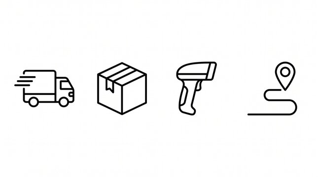 Delivery logistics and shipping line icon set with truck, package, scanner, and tracking route pin on white background