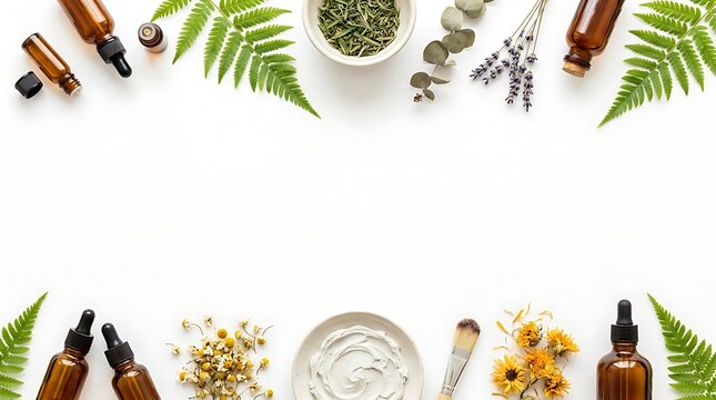 Natural ingredients used in skincare and essential oil cosmetic products for holistic beauty and wellness
