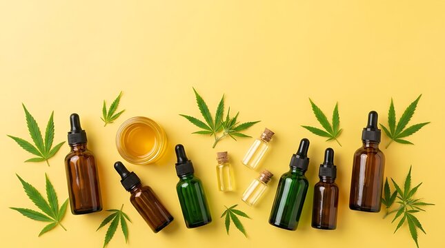 Skincare essential oil bottles with natural ingredients for wellness and cosmetic beauty routine flat lay