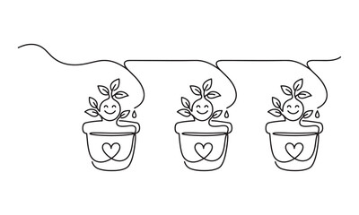 Obraz premium Continuous line of three smiling potted plants being watered by a drip irrigation system with heart symbols on the pots on a white background, for gardening concepts
