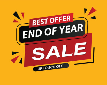 Best offer end of year sale banner graphic template on bright yellow background with discount