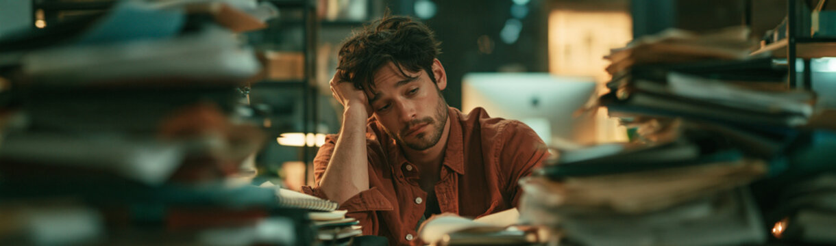 Overwhelmed Scholar: A young man with tired eyes leans over a desk piled high with books and papers, exhausted by the demands of study and research.