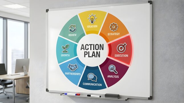 Comprehensive Action Plan Infographic with Execution Stage Highlighted on a Whiteboard in an Office