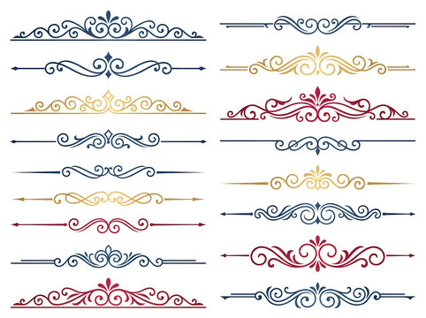 Vintage ornamental dividers and elegant filigree borders set, 16 decorative flourish line elements for wedding invitations and luxury branding. Victorian style scrollwork accents in gold