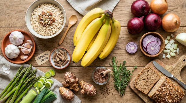 Flat lay of prebiotic organic foods including bananas, onions, oats, and asparagus on a wooden table representing healthy gut microbiome, natural digestive nutrition, and vegan wellness diet.