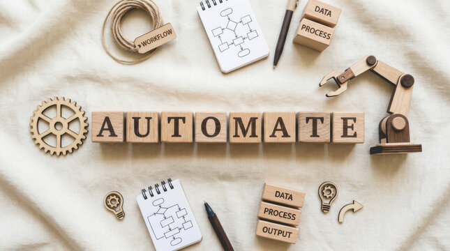 Flat lay of wooden blocks spelling AUTOMATE with a robotic arm and workflow diagrams representing business process automation, efficient workflow optimization, and industrial productivity management.