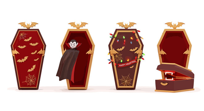 Set of decorative Halloween coffins with vampire and festive holiday lights illustration.