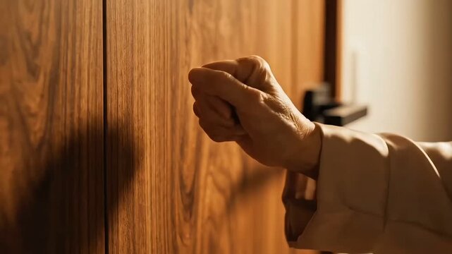 Close-up shot of a human hand knocking on a brown wooden door at the entrance of a room with warm interior lighting