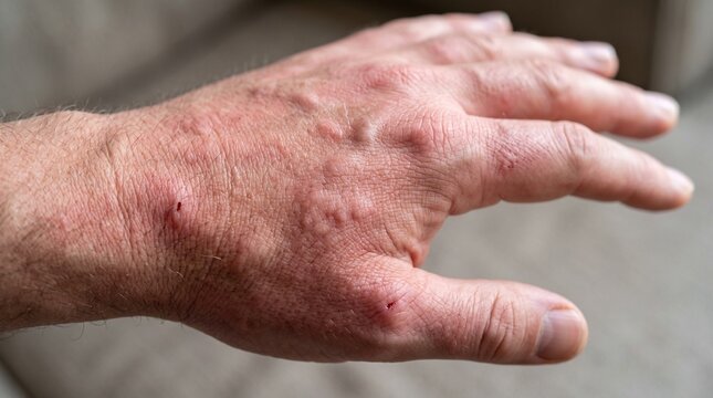 Detailed macro shot of a human male hand showing severe red skin rash bumps and inflammation from insect bites