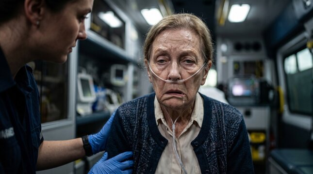 Elderly Woman Receiving Emergency Medical Care from a Paramedic Inside an Ambulance During Urgent Hospital Transport