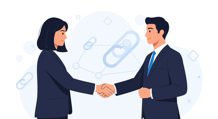 Fototapeta premium Business partners shaking hands, representing partnership, agreement, and successful collaboration with abstract link icons in background.