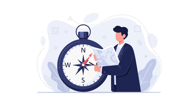 Business Navigator: Man with Compass and Map Charts Course for Success in Modern Flat Design