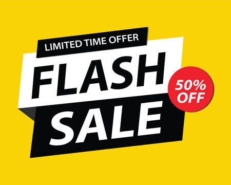 Flash sale limited time offer banner with fifty percent discount badge on yellow background