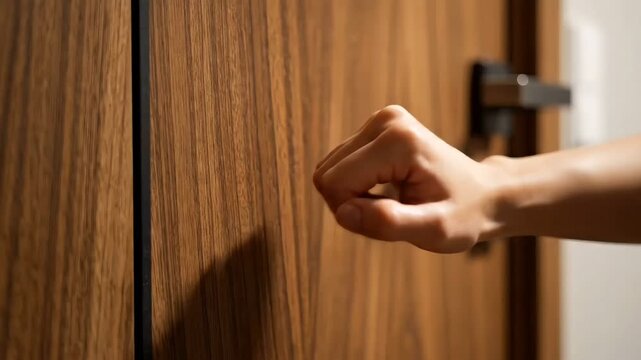 Person knocking on a modern wooden door requesting access to a private residential room or office space