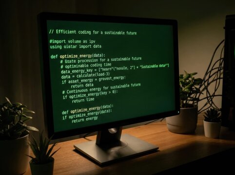 Sustainable future computing concept with optimized code on desktop screen