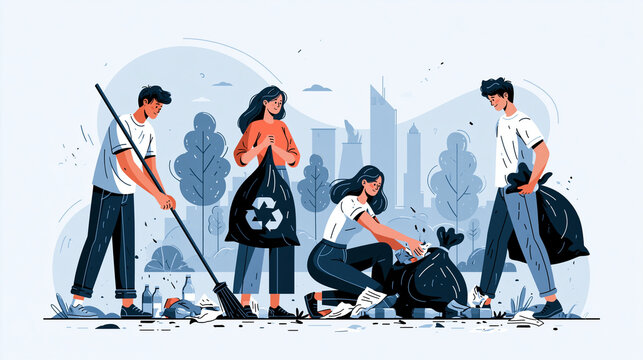 Community Cleanup Crew: A diverse group of volunteers actively participates in a neighborhood cleanup, collecting litter and fostering a cleaner environment for their city.